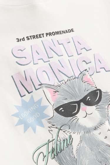 Kinder Mädchen - Katze - Kurzarmshirt - Glanz-Effekt - weiss