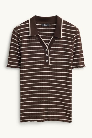 Dames - Poloshirt - regular fit - geribd - gestreept - bruin