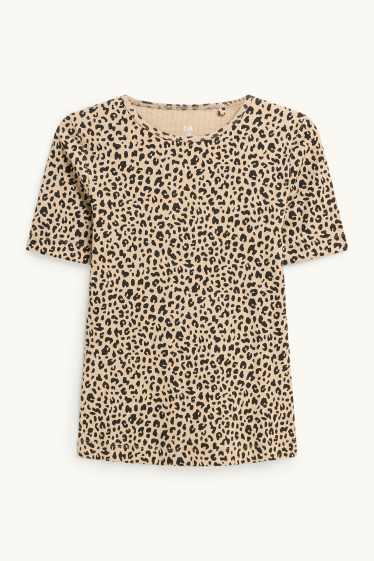 Femmes - T-shirt - slim fit - finition côtelée - imprimé léopard - noir / beige