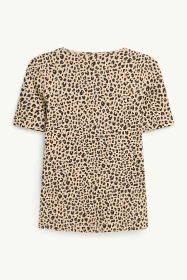 Femmes - T-shirt - slim fit - finition côtelée - imprimé léopard - noir / beige