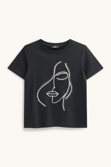 Dames - T-shirt - regular fit - glanseffect - zwart