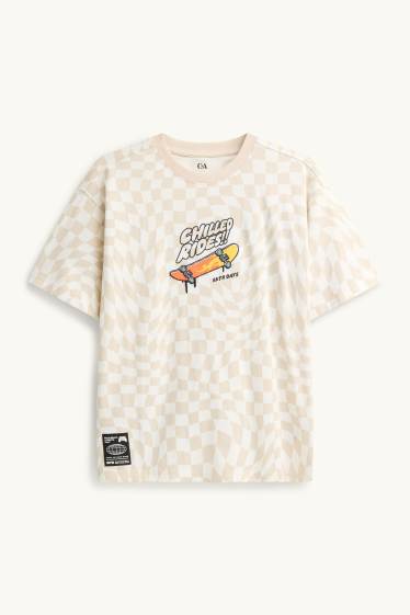 Children Boys - Skateboard - short sleeve T-shirt - check - white / beige