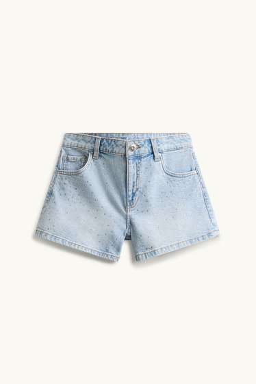 Children Girls - Denim shorts with rhinestones - light blue