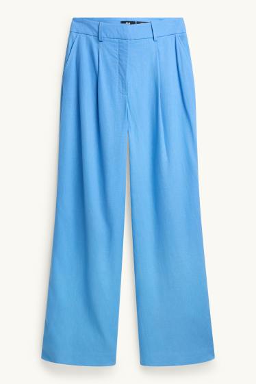 Donna - Pantaloni business - vita alta - gamba ampia - misto lino - blu