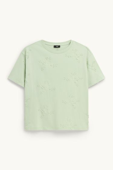 Donna - T-shirt - regular fit - ricamata - a fiori - verde chiaro