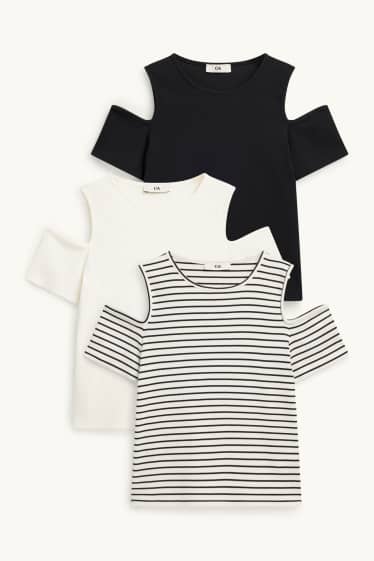 Enfants filles - Lot de 3 - T-shirts - finition côtelée - noir / blanc