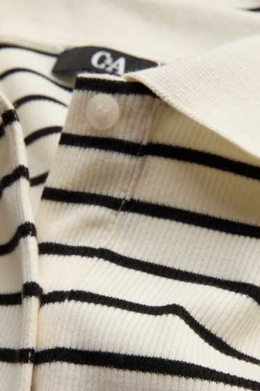 Dames - Gebreid poloshirt - regular fit - gestreept - wit / zwart