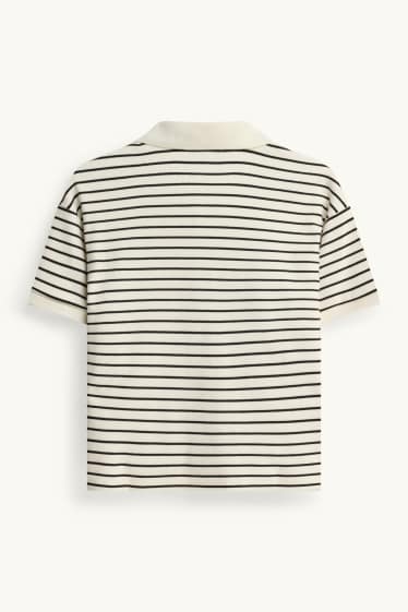 Dames - Gebreid poloshirt - regular fit - gestreept - wit / zwart
