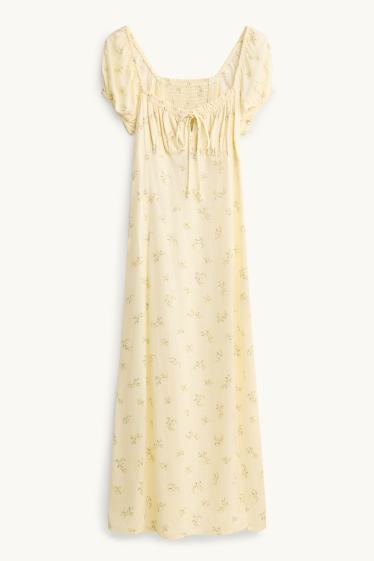 Mujer - Vestido con abertura - de flores - fruncido - amarillo