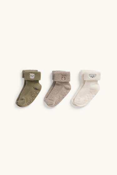 Baby Jungen - Multipack 3er - Bärchen - Baby-Anti-Rutsch-Socken - gerippt - khaki