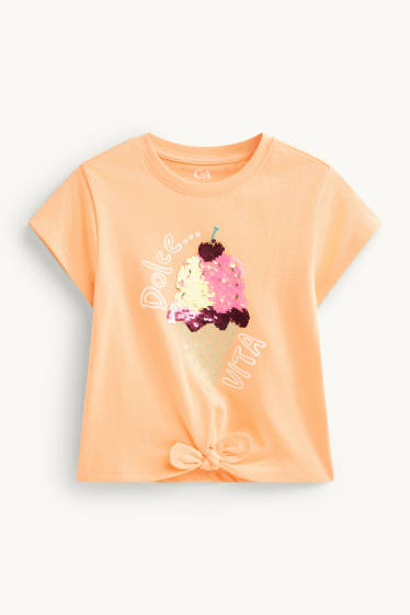 Kinder Mädchen - Eiscreme - Kurzarmshirt mit Knotendetail - Glanz-Effekt - orange
