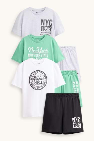 Kinder Buben - Multipack 3er - New York - Shorty Pyjama - 6 teilig - grau / grün