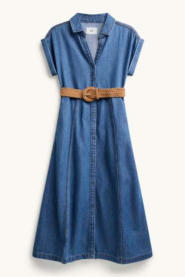 Femmes - Robe-chemisier en jean avec encolure en V et ceinture - jean bleu