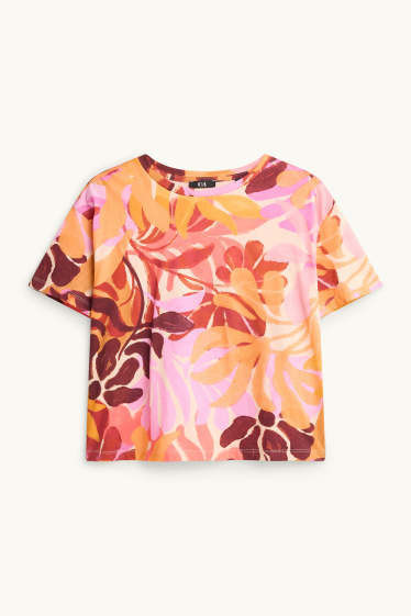 Femmes - T-shirt - regular fit - à fleurs - rose pâle / orange