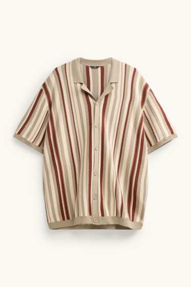 Heren - Gebreid overhemd - regular fit - reverskraag - gestreept - bruin