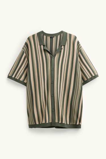 Heren - Gebreid overhemd - regular fit - reverskraag - gestreept - kaki