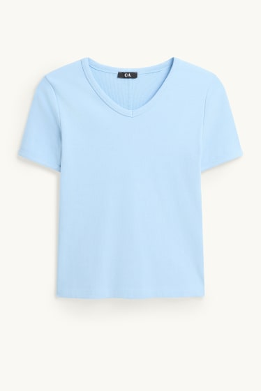 Women - V-neck T-shirt - slim fit - skinny rib - light blue