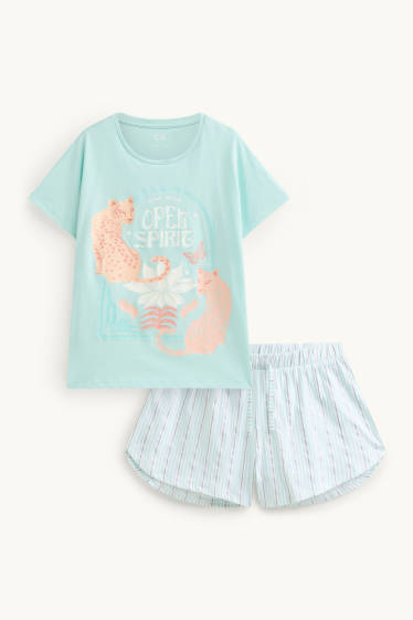 Enfants filles - Ensemble - léopard - pyjashort - 2 pièces - turquoise