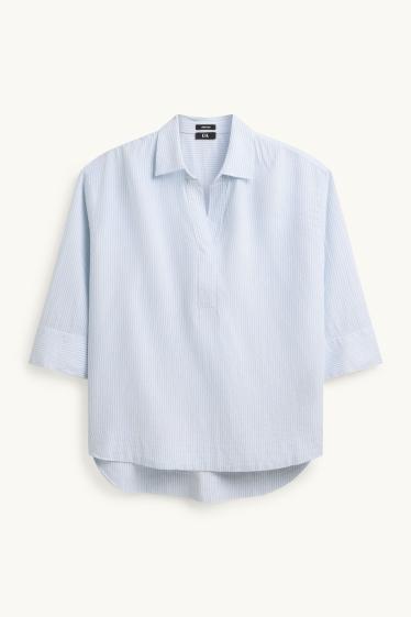 Mujer - Blusa camisera - mezcla de lino - de rayas - azul claro