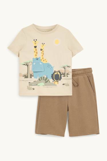 Children Boys - Animals - set - short sleeve T-shirt and sweat shorts - brown / beige