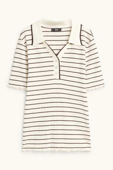 Women - Polo shirt - regular fit - ribbed - striped - brown / cremewhite