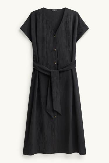 Damen - Kleid mit V-Ausschnitt - Straight Fit - strukturiert - schwarz