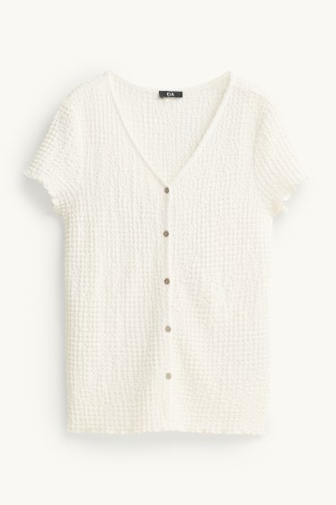 Damen - T-Shirt mit V-Ausschnitt und Knopfleiste - Regular Fit - cremefarben