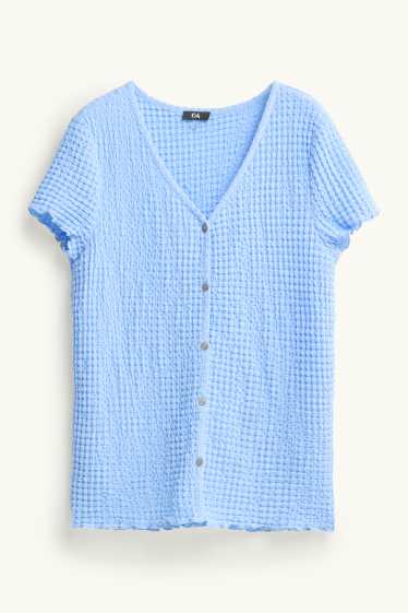 Damen - T-Shirt mit V-Ausschnitt und Knopfleiste - Regular Fit - blau