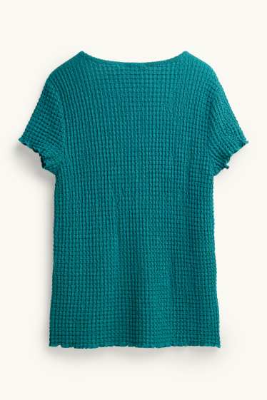 Femei - Tricou cu decolteu în V și fentă cu nasturi - regular fit - petrol