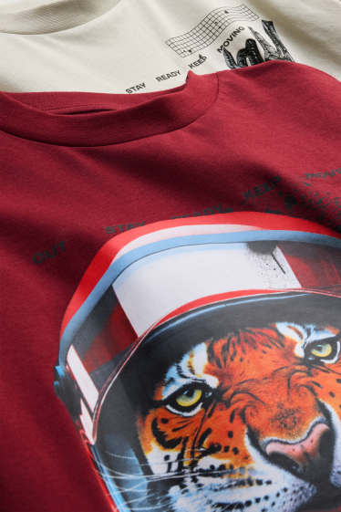 Kinderen: jongens - Set van 2 - racewagen en tijger - T-shirt - crème wit