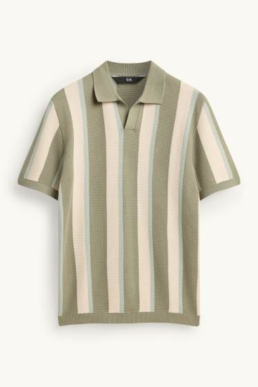 Men - Knitted polo shirt - regular fit - striped - textured - green
