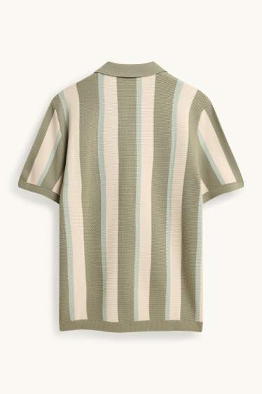 Men - Knitted polo shirt - regular fit - striped - textured - green