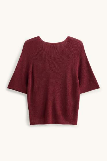 Dames - Gebreide trui - korte mouw - glanseffect - donkerrood