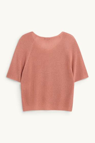 Women - Knitted jumper - short sleeve - shiny - rose