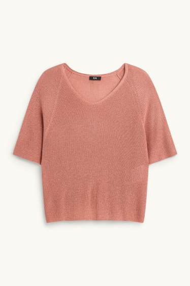 Women - Knitted jumper - short sleeve - shiny - rose