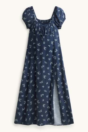 Mujer - Vestido con abertura - de flores - fruncido - azul oscuro