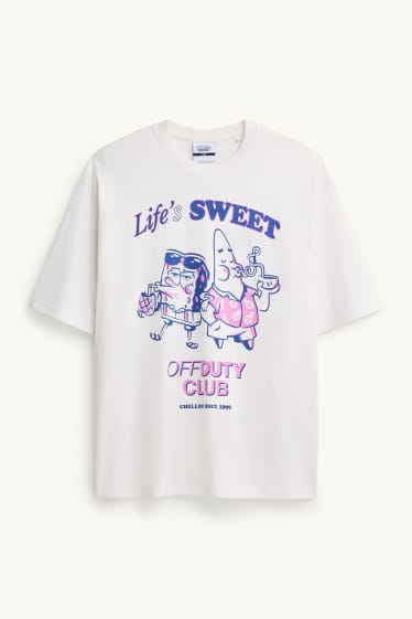 Pánské - Tričko - oversized - Spongebob v kalhotách - bílá