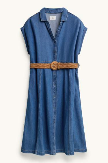 Femmes - Robe-chemisier en jean avec encolure en V et ceinture - jean bleu