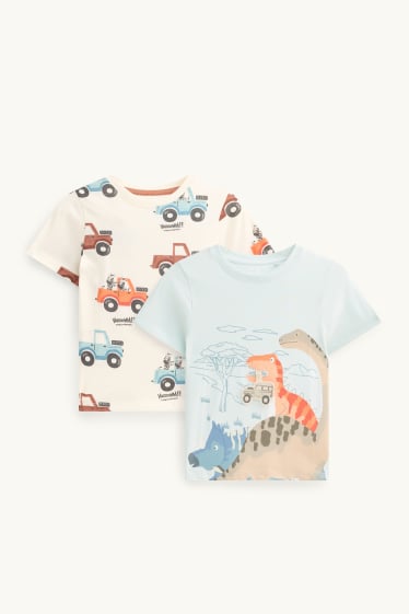 Kinder Buben - Multipack 2er - Dino und Auto - Kurzarmshirt - hellblau