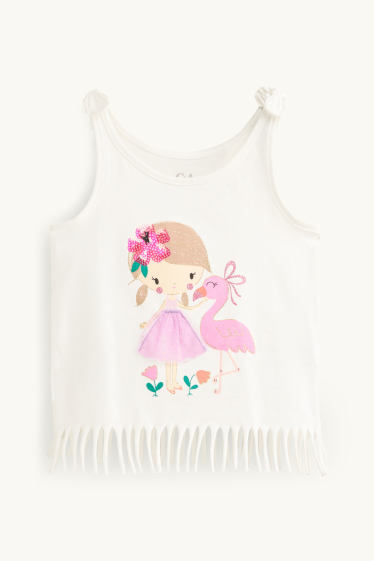 Kinder Mädchen - Mädchen und Flamingo - Top - Glanz-Effekt - weiß