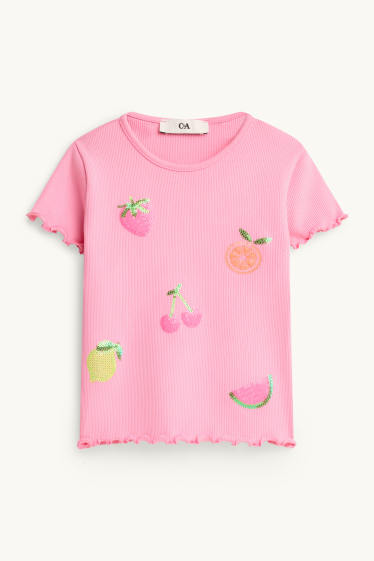 Kinderen: meisjes - Fruit - T-shirt - geribd - glanseffect - fuchsiarood