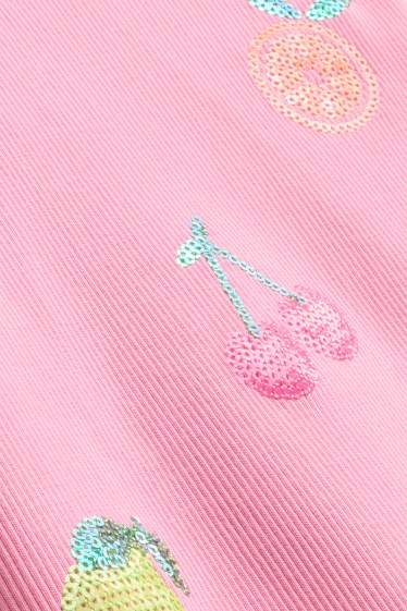 Kinderen: meisjes - Fruit - T-shirt - geribd - glanseffect - fuchsiarood