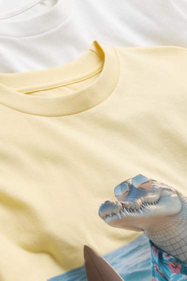 Kinder Buben - Multipack 2er - Krokodil und Löwe - Kurzarmshirt - weiß / gelb