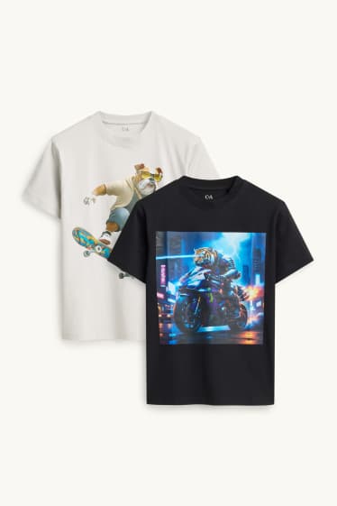 Kinderen: jongens - Set van 2 - hond en tijger - T-shirt - wit / zwart