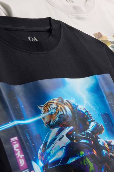 Kinderen: jongens - Set van 2 - hond en tijger - T-shirt - wit / zwart