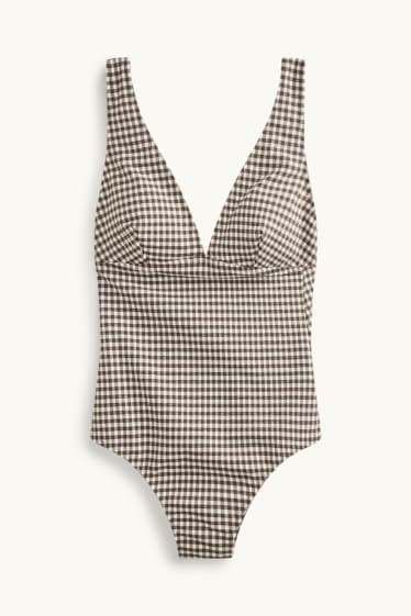 Damen - Shaping-Badeanzug - wattiert - kariert - braun / cremeweiss