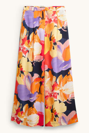 Dámské - Plátěné kalhoty - high waist - wide leg - s květinovým vzorem - oranžová