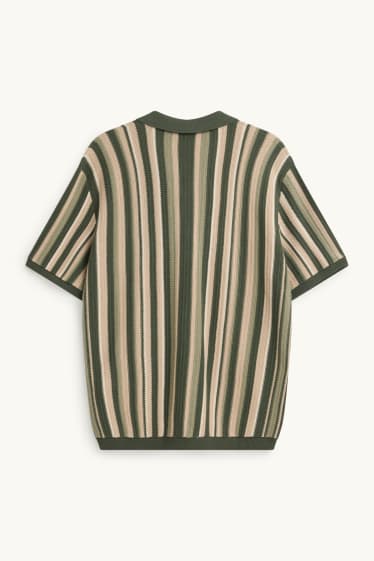 Pánské - Pletená košile - regular fit - klopový límec - pruhovaná - zelená