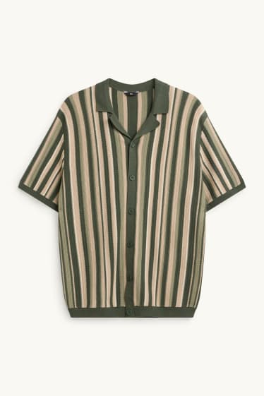 Pánské - Pletená košile - regular fit - klopový límec - pruhovaná - zelená