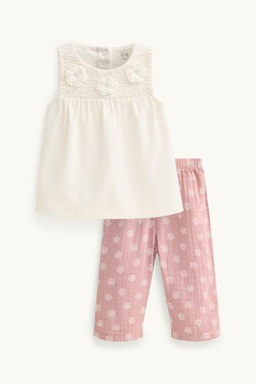 Bebeluși - fete - Floricele - compleu bebeluși - 2 piese - alb / roz